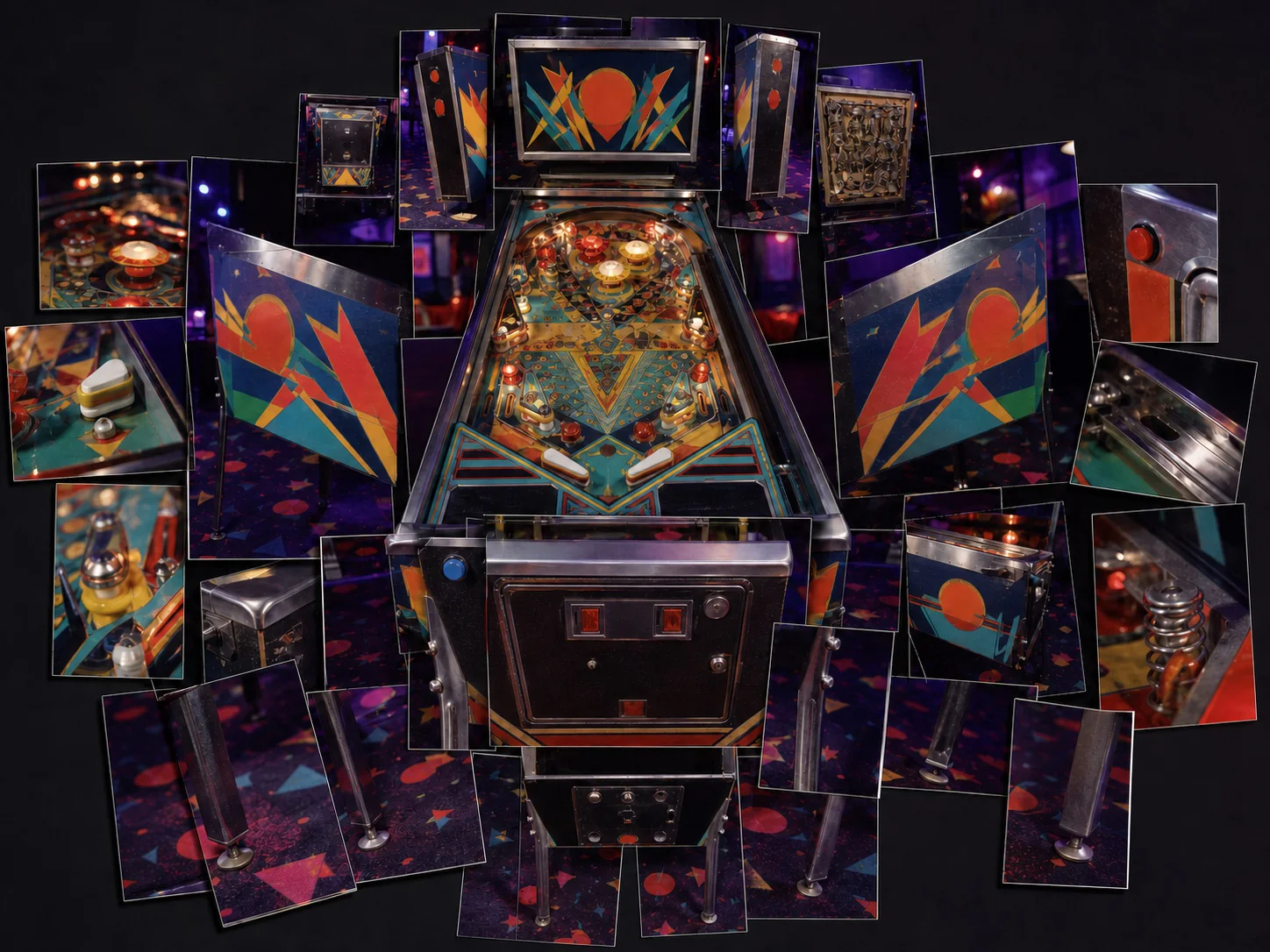An unbranded colorful pinball machine is unfolded into locally frontal plan, front, side, rear, lower, detail, and floor views.