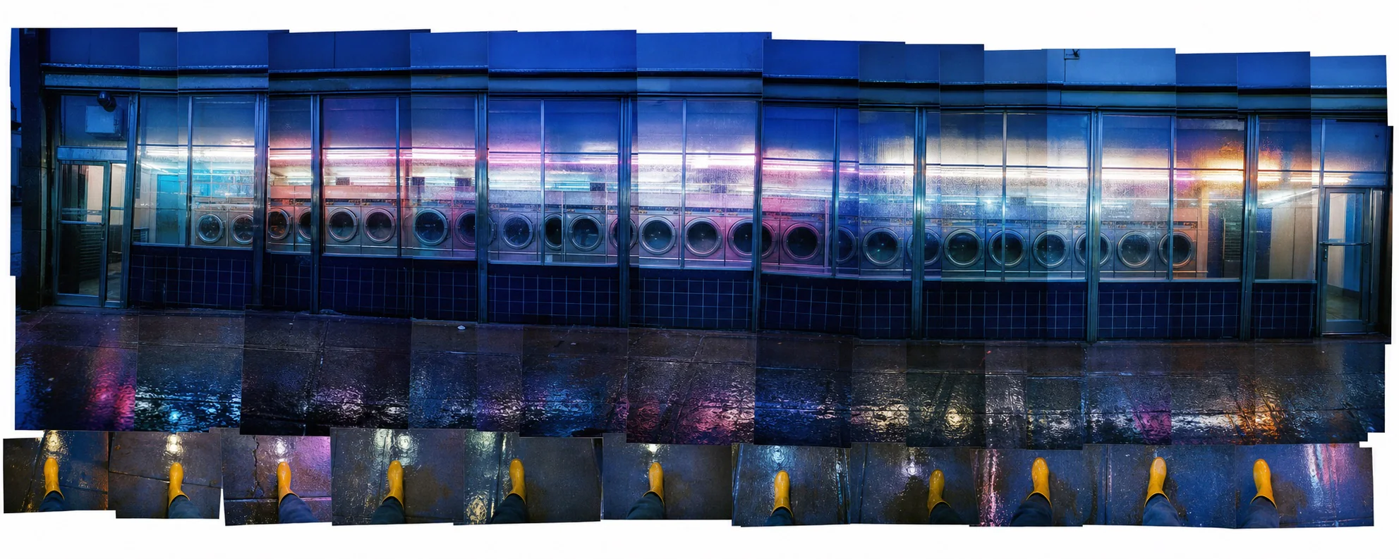 A neon laundromat stays frontal and constant in scale across a long strip while yellow rain boots and puddles record a left-to-right walk below.