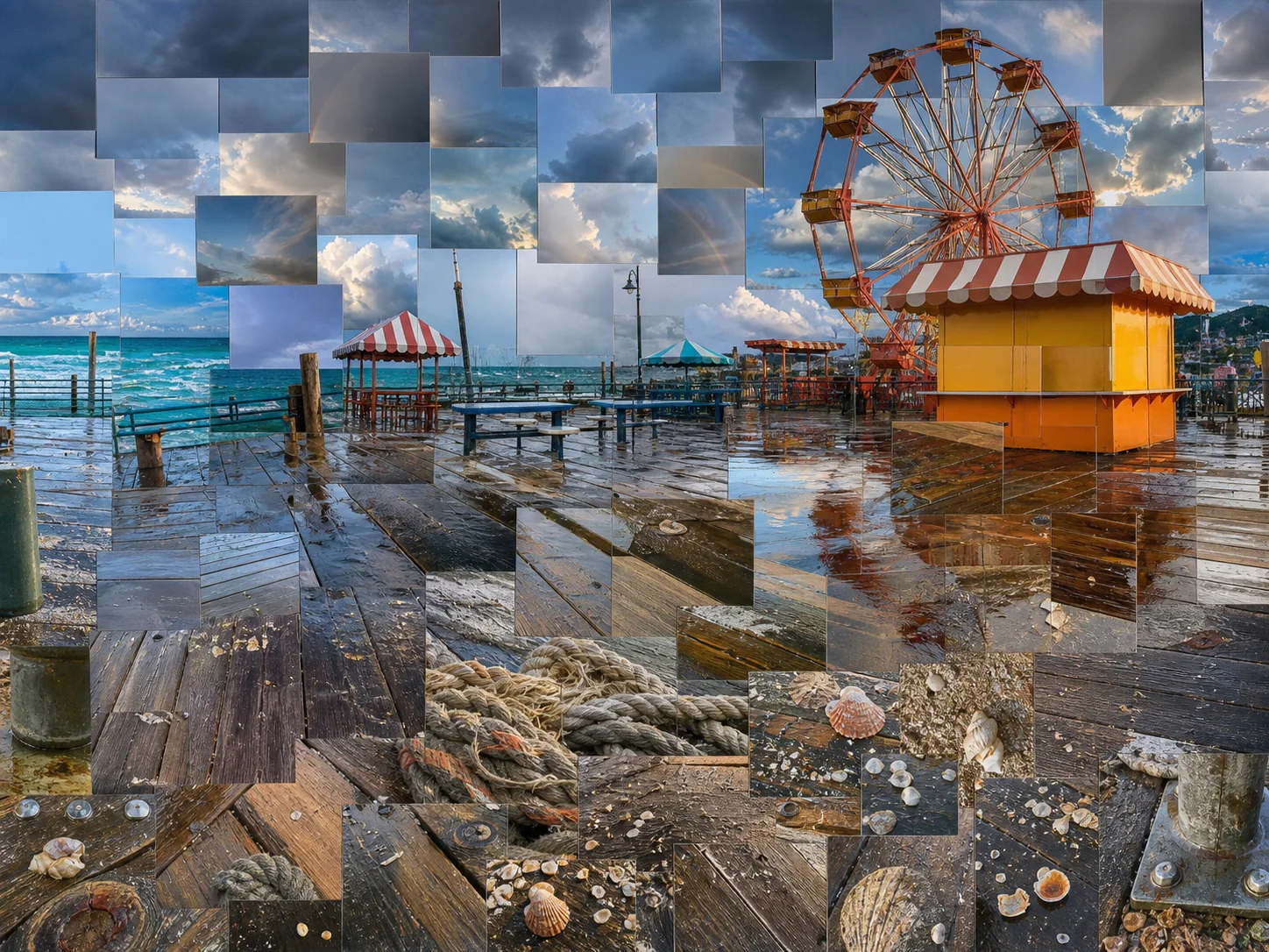 A rain-cleared carnival pier expands through a patchwork sky, broken sea horizon, frontal Ferris wheel and kiosk, and close wet-boardwalk details.